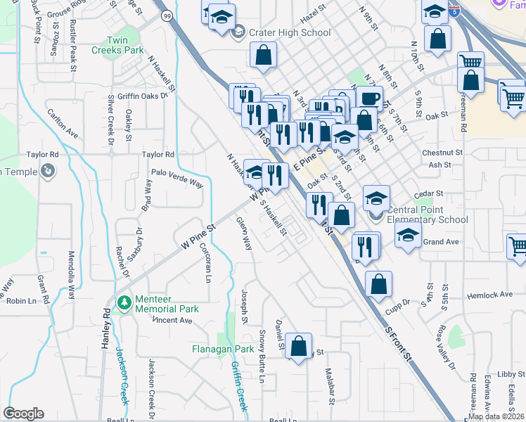 map of restaurants, bars, coffee shops, grocery stores, and more near 56 South Haskell Street in Central Point