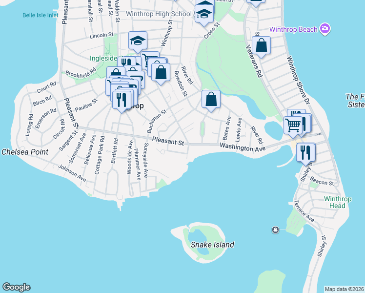 map of restaurants, bars, coffee shops, grocery stores, and more near 12 Pleasant Street in Winthrop