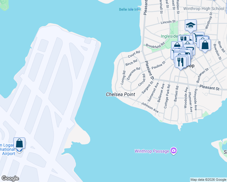 map of restaurants, bars, coffee shops, grocery stores, and more near 215 Court Road in Winthrop