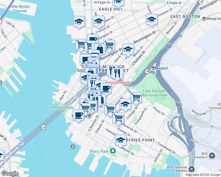 map of restaurants, bars, coffee shops, grocery stores, and more near 76 Chelsea Street in Boston