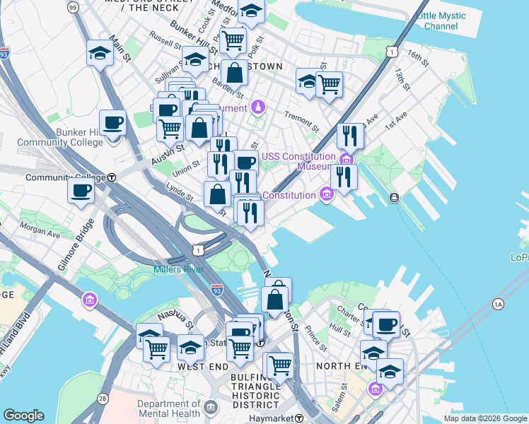 map of restaurants, bars, coffee shops, grocery stores, and more near 100 City Square in Boston
