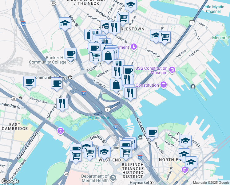 map of restaurants, bars, coffee shops, grocery stores, and more near 14 Rutherford Avenue in Boston