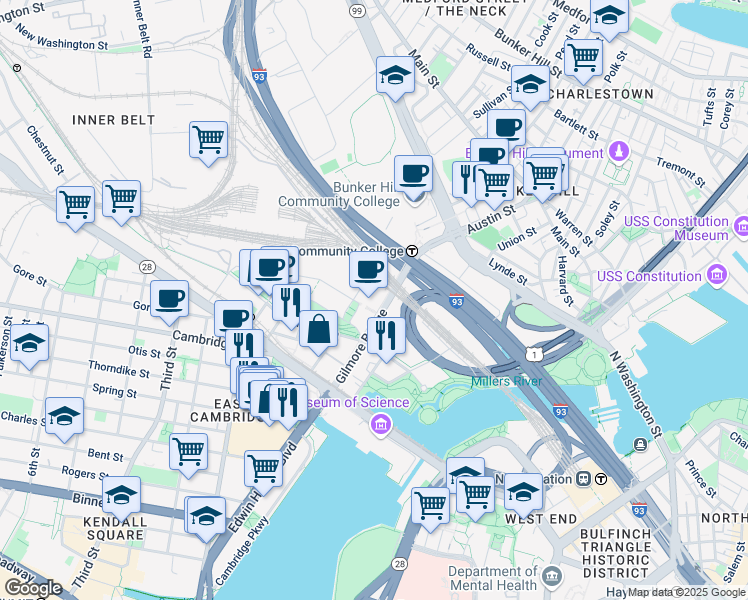 map of restaurants, bars, coffee shops, grocery stores, and more near 450 Water Street in Cambridge