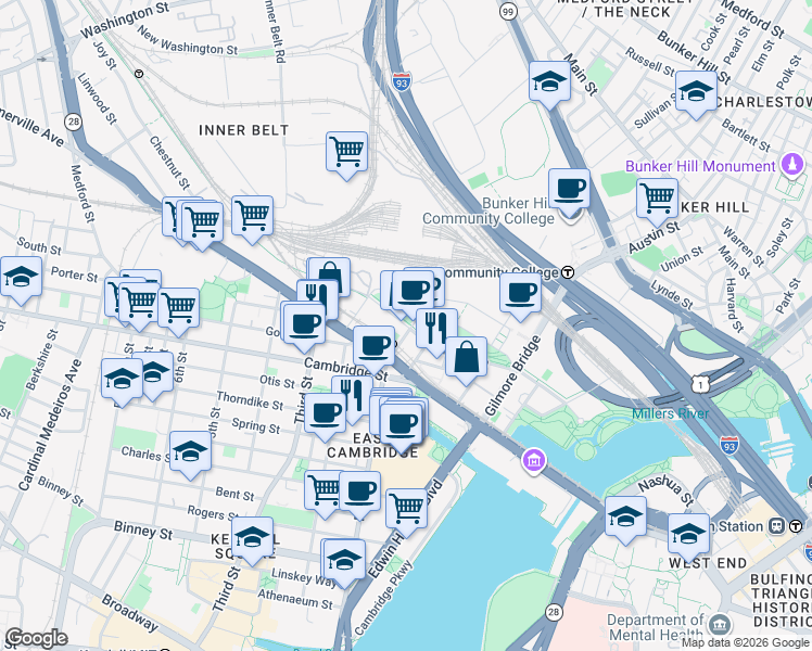 map of restaurants, bars, coffee shops, grocery stores, and more near 24 East Street in Cambridge