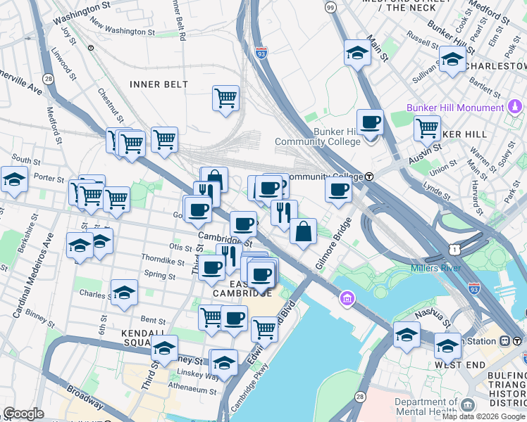 map of restaurants, bars, coffee shops, grocery stores, and more near 24 East Street in Cambridge