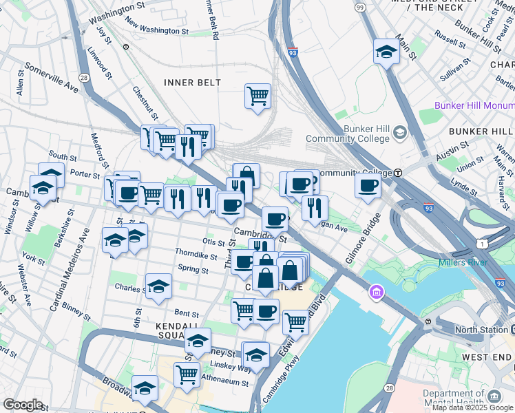 map of restaurants, bars, coffee shops, grocery stores, and more near in Cambridge