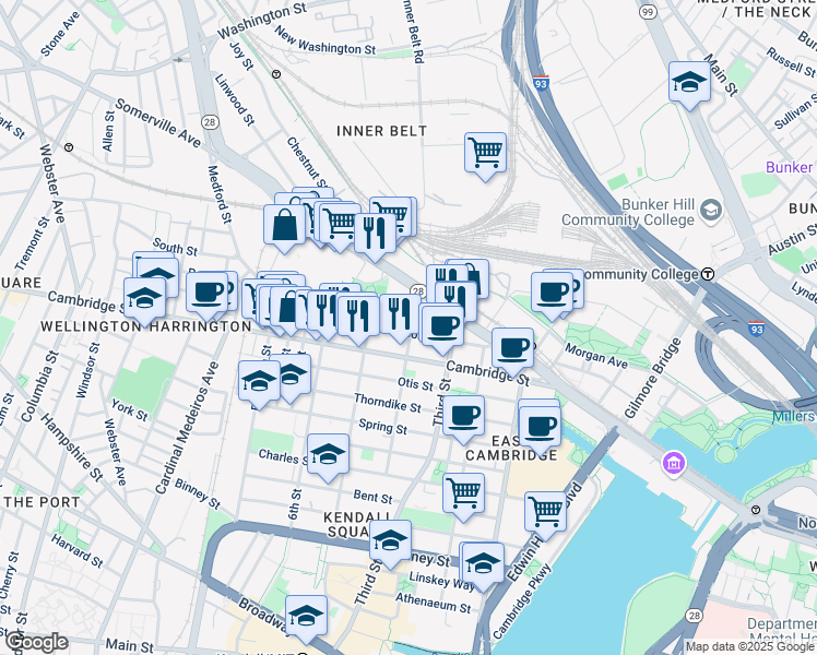 map of restaurants, bars, coffee shops, grocery stores, and more near 91 Gore Street in Cambridge