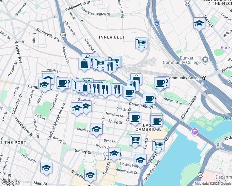 map of restaurants, bars, coffee shops, grocery stores, and more near 91 Gore Street in Cambridge
