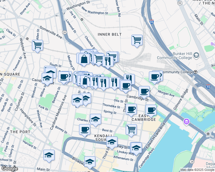 map of restaurants, bars, coffee shops, grocery stores, and more near in Cambridge