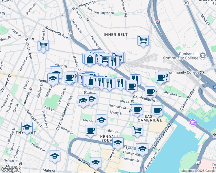 map of restaurants, bars, coffee shops, grocery stores, and more near in Cambridge