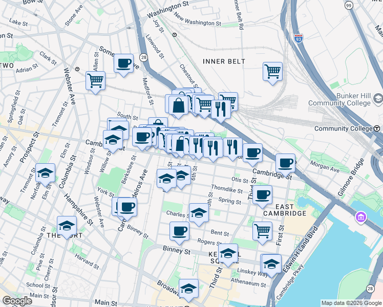 map of restaurants, bars, coffee shops, grocery stores, and more near 9 6th Street in Cambridge