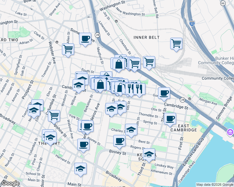 map of restaurants, bars, coffee shops, grocery stores, and more near 621 Cambridge Street in Cambridge