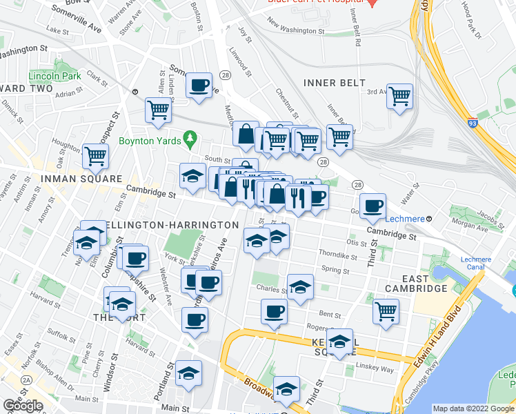 map of restaurants, bars, coffee shops, grocery stores, and more near 621 Cambridge Street in Cambridge