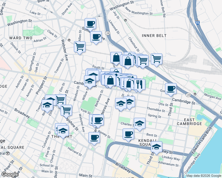 map of restaurants, bars, coffee shops, grocery stores, and more near 723 Cambridge Street in Cambridge
