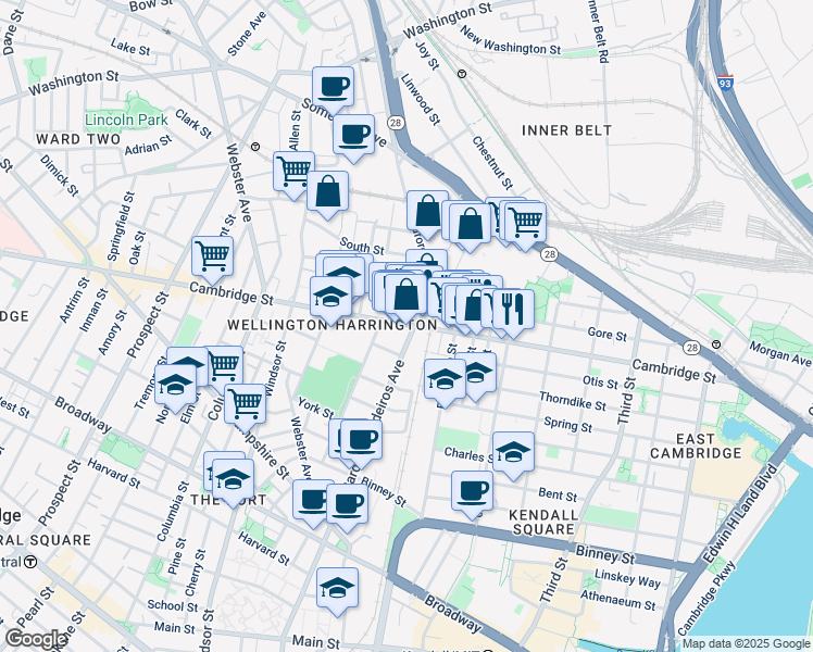 map of restaurants, bars, coffee shops, grocery stores, and more near 746 Cambridge Street in Cambridge