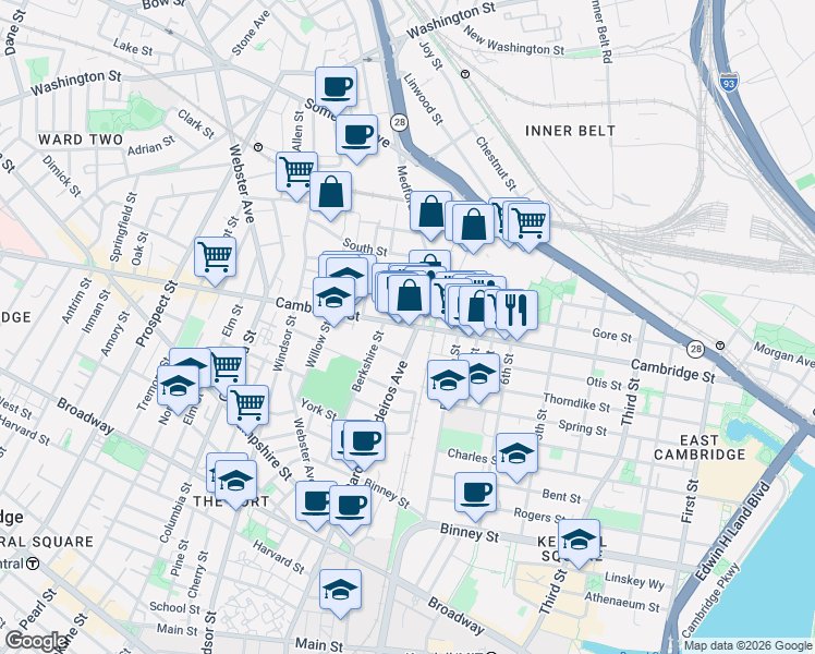 map of restaurants, bars, coffee shops, grocery stores, and more near 746 Cambridge Street in Cambridge