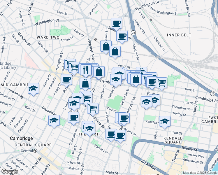 map of restaurants, bars, coffee shops, grocery stores, and more near 3 Palermo Street in Cambridge