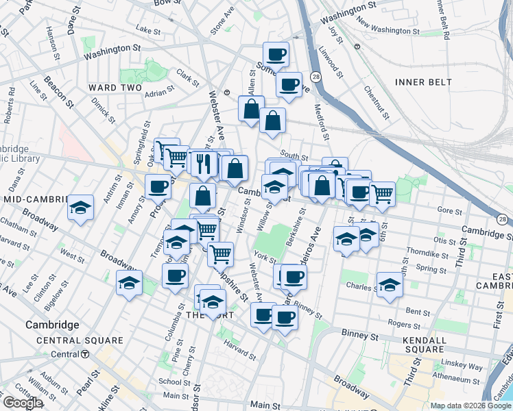 map of restaurants, bars, coffee shops, grocery stores, and more near 1 Palermo Street in Cambridge