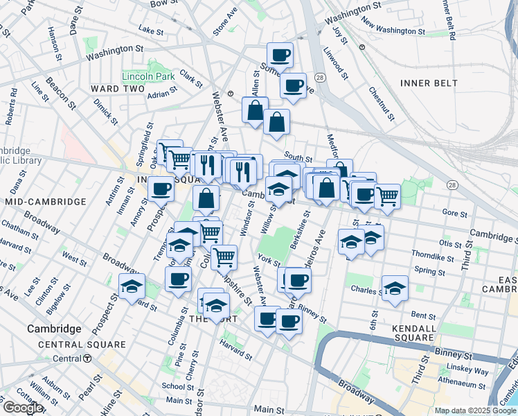 map of restaurants, bars, coffee shops, grocery stores, and more near 3 Palermo Street in Cambridge