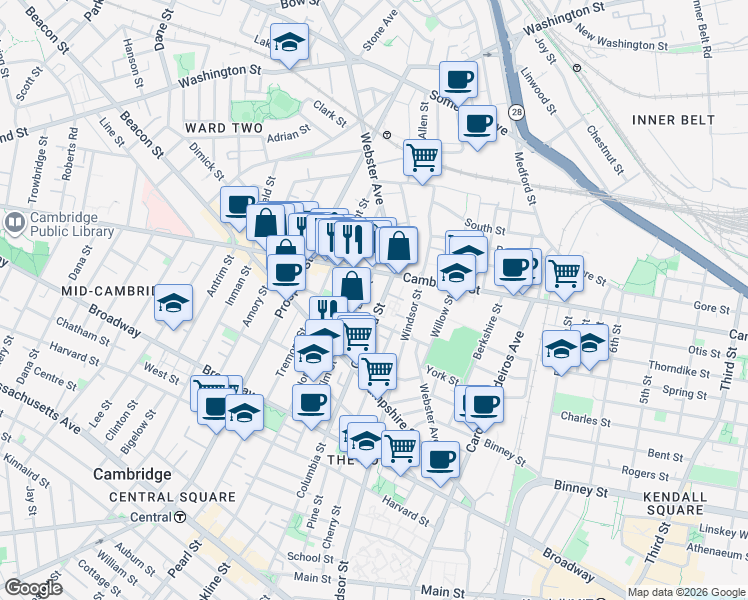 map of restaurants, bars, coffee shops, grocery stores, and more near 361 Columbia Street in Cambridge