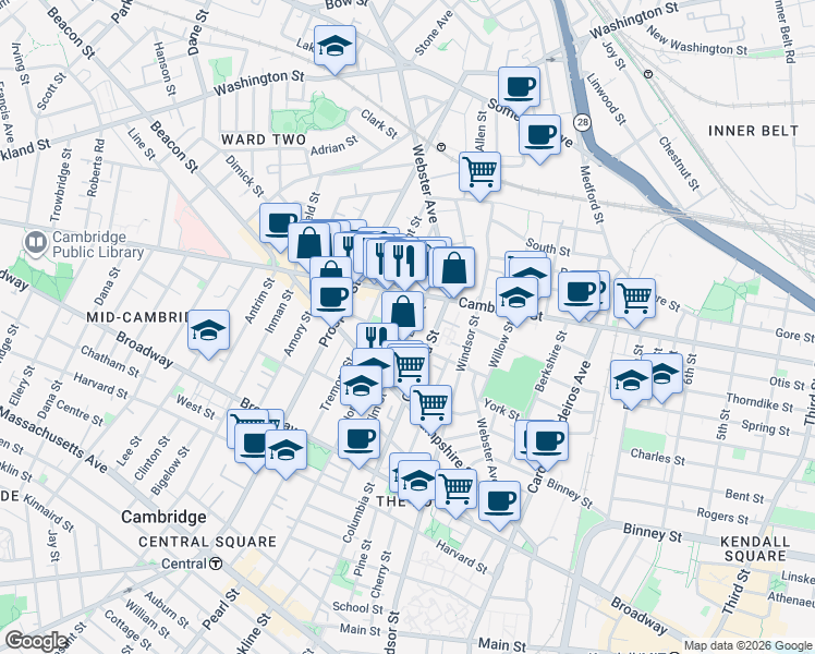 map of restaurants, bars, coffee shops, grocery stores, and more near 361 Columbia Street in Cambridge