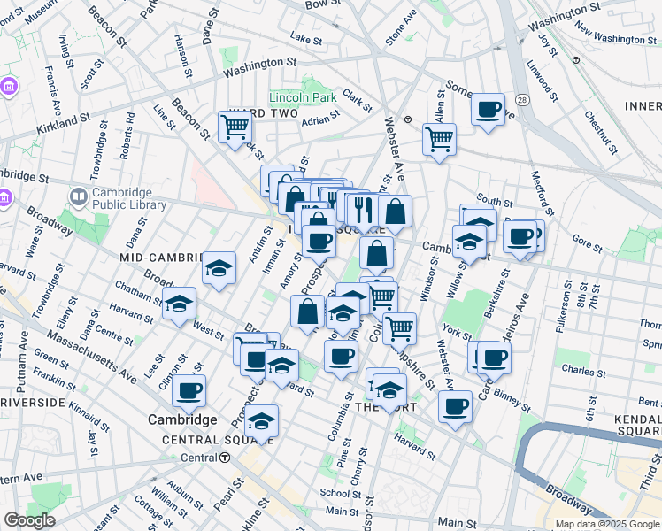map of restaurants, bars, coffee shops, grocery stores, and more near 171 Hampshire Street in Cambridge
