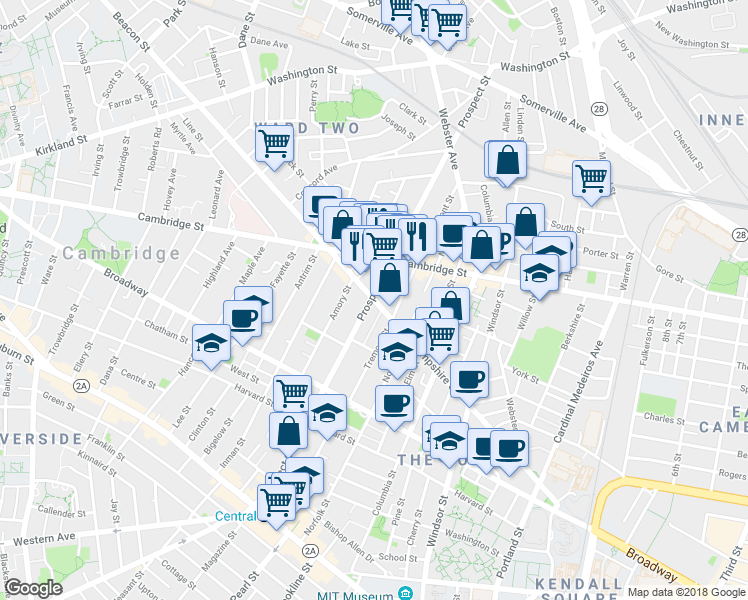map of restaurants, bars, coffee shops, grocery stores, and more near 171 Hampshire Street in Cambridge