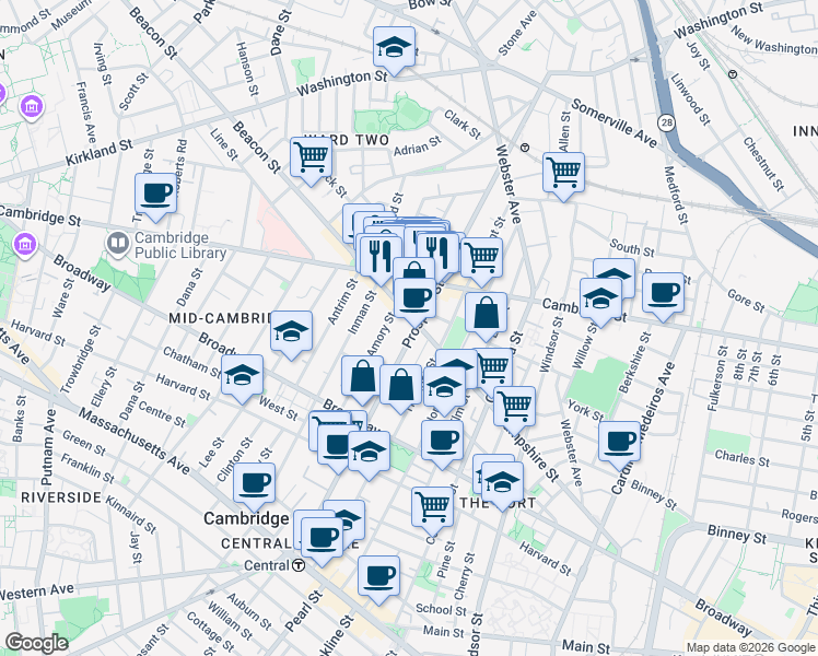 map of restaurants, bars, coffee shops, grocery stores, and more near 124 Amory Street in Cambridge