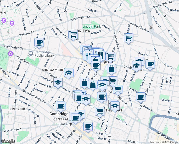 map of restaurants, bars, coffee shops, grocery stores, and more near 124 Amory Street in Cambridge