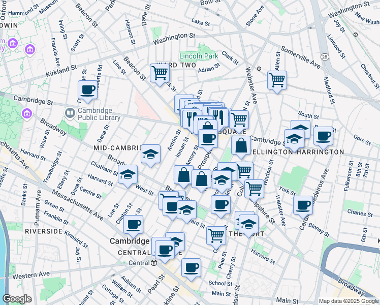 map of restaurants, bars, coffee shops, grocery stores, and more near 124 Amory Street in Cambridge