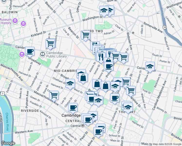 map of restaurants, bars, coffee shops, grocery stores, and more near 104 Inman Street in Cambridge
