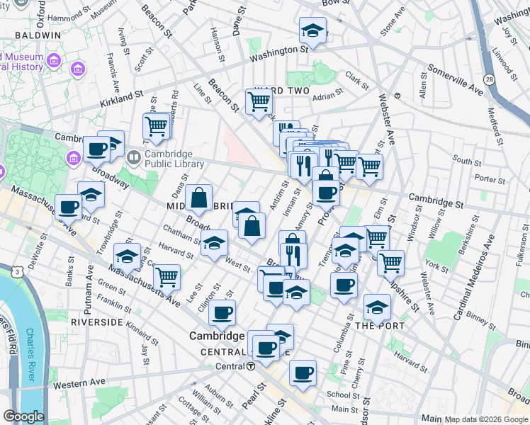 map of restaurants, bars, coffee shops, grocery stores, and more near 65 Antrim Street in Cambridge