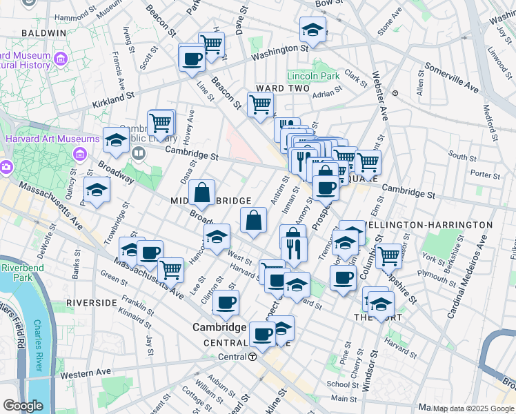 map of restaurants, bars, coffee shops, grocery stores, and more near 65 Antrim Street in Cambridge