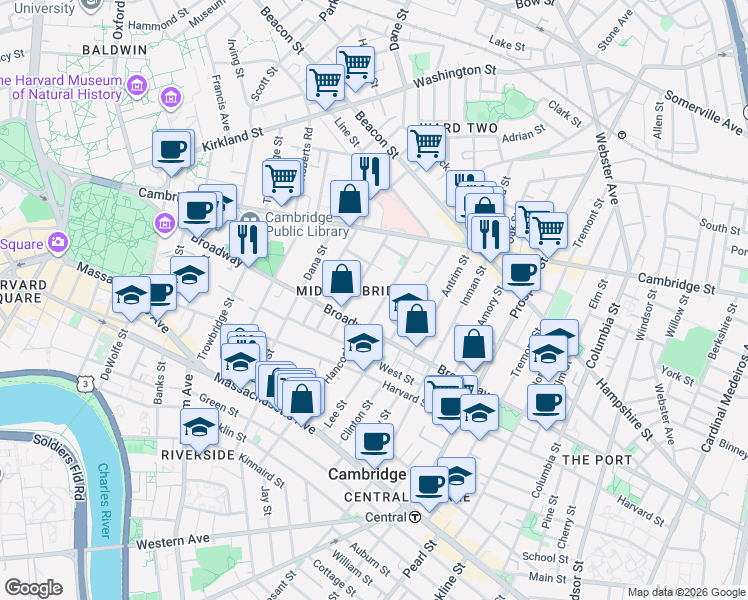 map of restaurants, bars, coffee shops, grocery stores, and more near in Cambridge