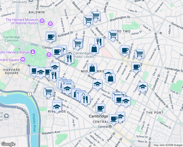 map of restaurants, bars, coffee shops, grocery stores, and more near 399 Broadway in Cambridge