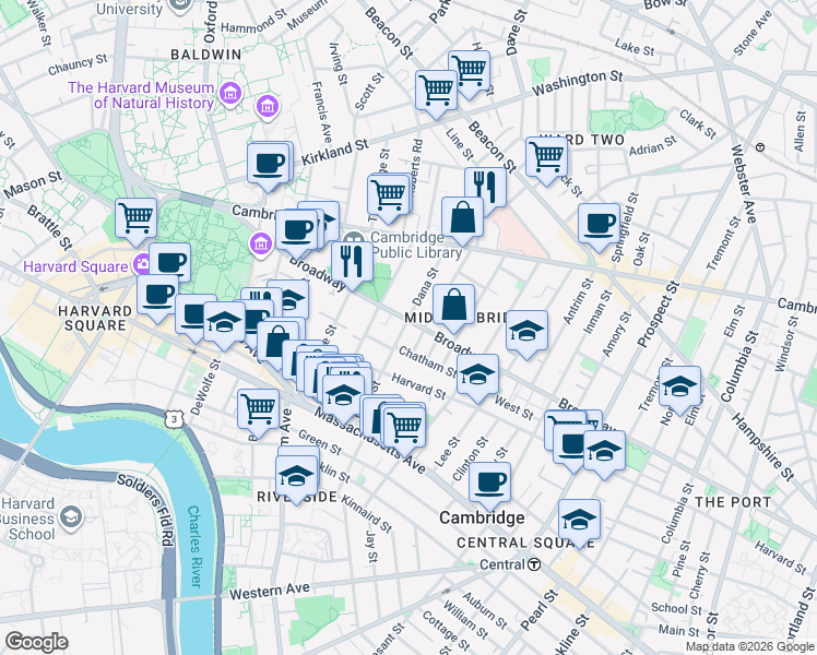 map of restaurants, bars, coffee shops, grocery stores, and more near 43 Dana Street in Cambridge