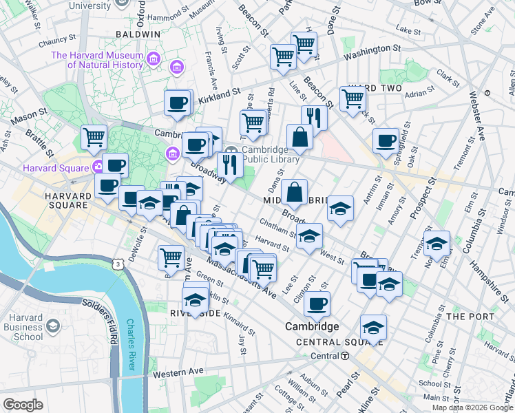 map of restaurants, bars, coffee shops, grocery stores, and more near 43 Dana Street in Cambridge