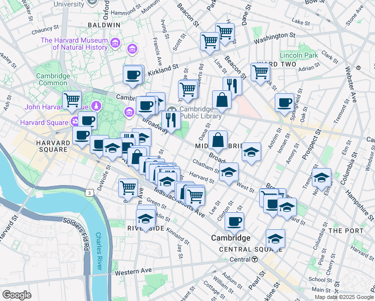 map of restaurants, bars, coffee shops, grocery stores, and more near 43 Dana Street in Cambridge