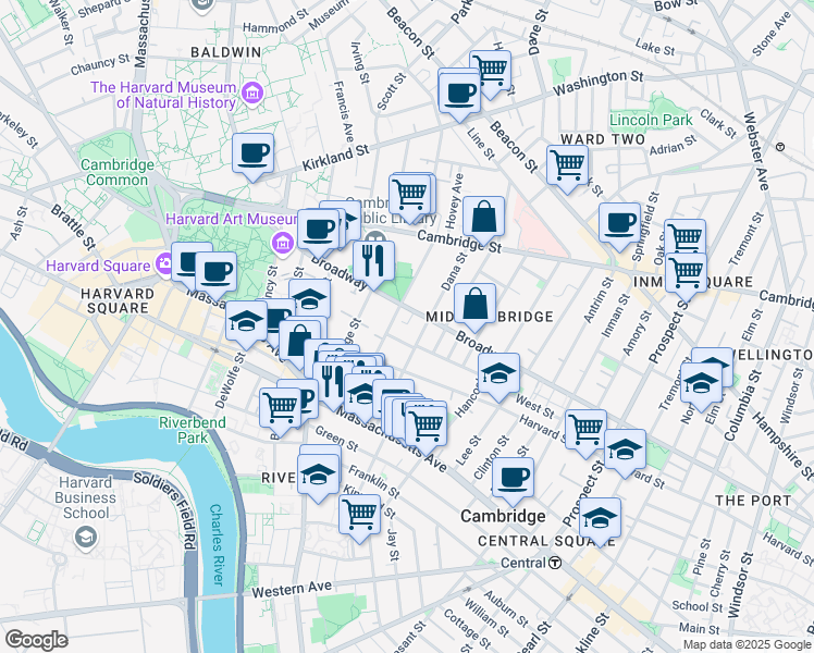 map of restaurants, bars, coffee shops, grocery stores, and more near 43 Dana Street in Cambridge