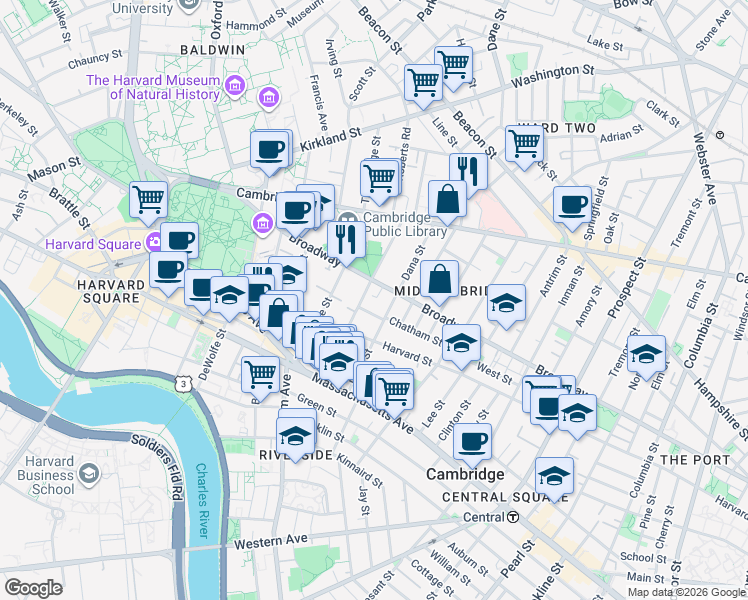 map of restaurants, bars, coffee shops, grocery stores, and more near 43 Dana Street in Cambridge