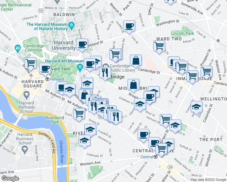 map of restaurants, bars, coffee shops, grocery stores, and more near 43 Dana Street in Cambridge