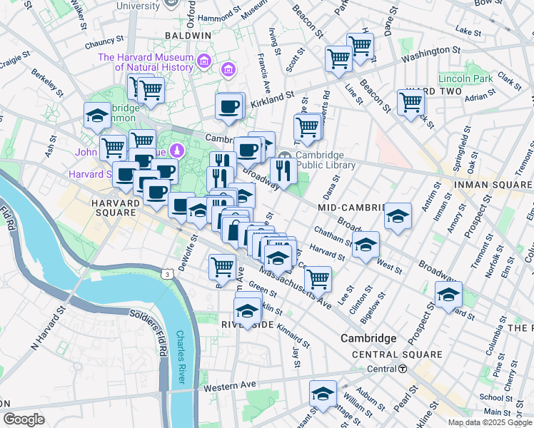 map of restaurants, bars, coffee shops, grocery stores, and more near 4 Trowbridge Place in Cambridge