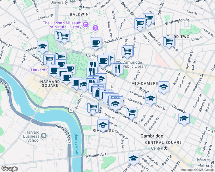 map of restaurants, bars, coffee shops, grocery stores, and more near 4 Trowbridge Place in Cambridge