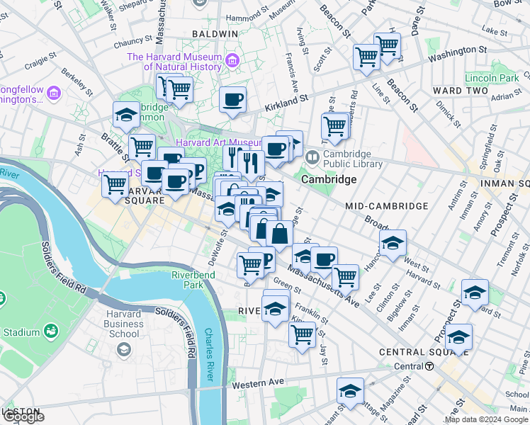 map of restaurants, bars, coffee shops, grocery stores, and more near 400 Harvard Street in Cambridge
