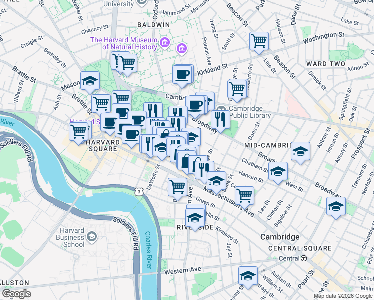 map of restaurants, bars, coffee shops, grocery stores, and more near 400 Harvard Street in Cambridge