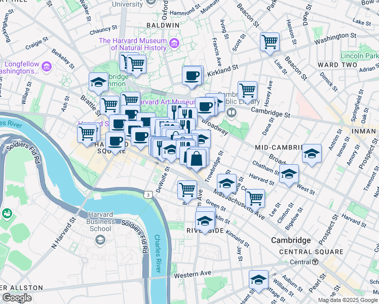 map of restaurants, bars, coffee shops, grocery stores, and more near 1201 Massachusetts Avenue in Cambridge