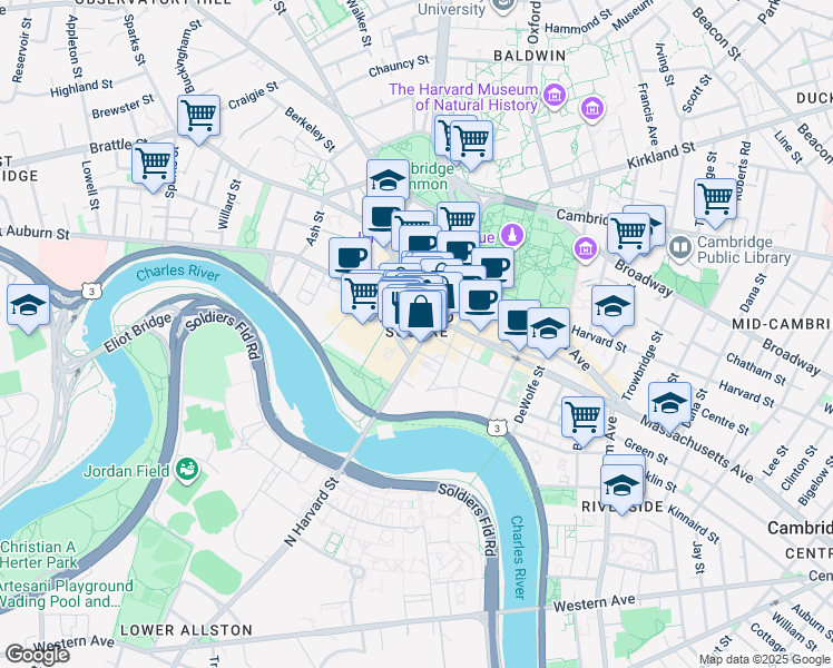 map of restaurants, bars, coffee shops, grocery stores, and more near 59 John F. Kennedy Street in Cambridge