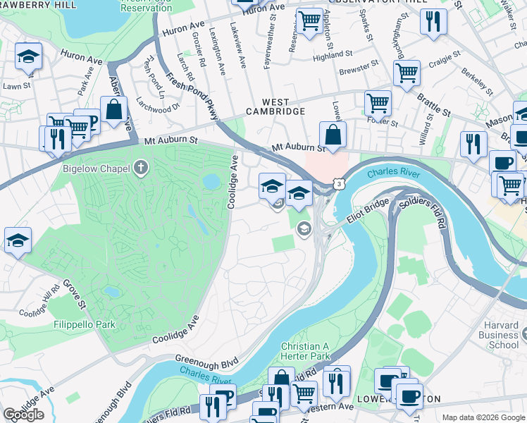 map of restaurants, bars, coffee shops, grocery stores, and more near 178 Coolidge Hill in Cambridge