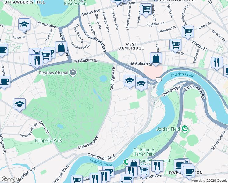 map of restaurants, bars, coffee shops, grocery stores, and more near 148 Coolidge Hill in Cambridge