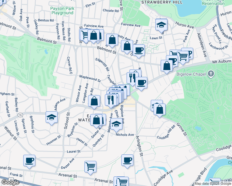 map of restaurants, bars, coffee shops, grocery stores, and more near 22 Kimball Road in Watertown